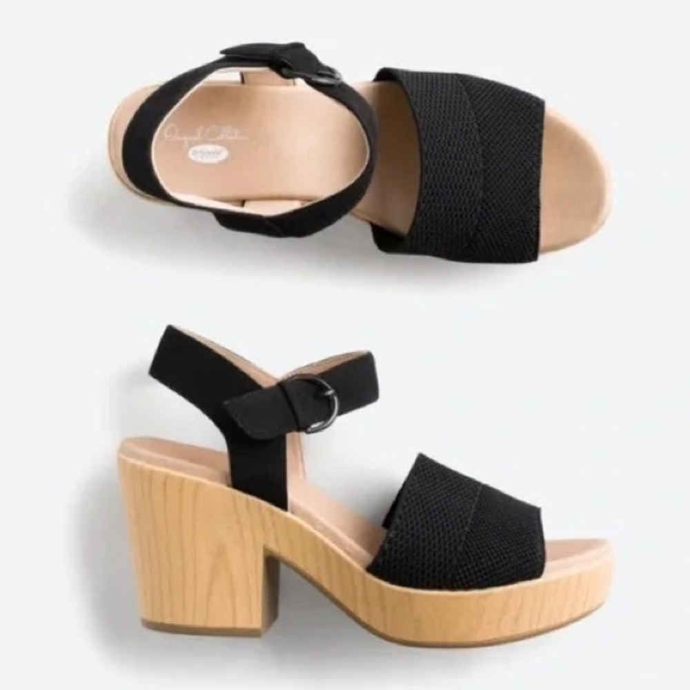 Dr. Scholl's Black Brickell Leather Eco Knit Faux Wood Heeled Platform Sandal 10